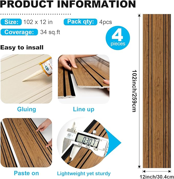 Art3d 4-Pack Glue-On Wall Panels, Wood Grain Texture Interior Wall Decor, 104"x12" Recycled Polystyrene Wainscoting Panels, Low Emission for Living Room Bedroom,Earth Teak