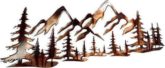 Copper Plated Metal Art Scene - Trees and Mountains (26" x 10 3/4")