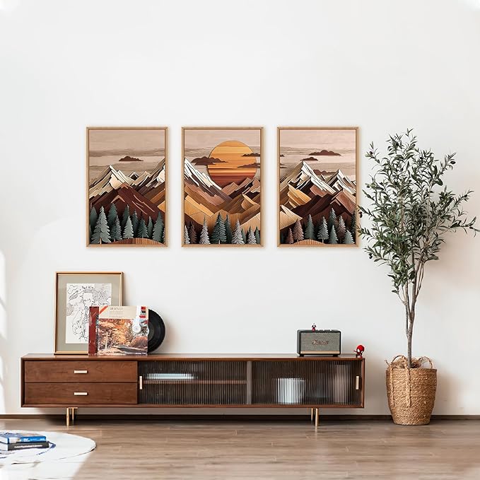KAIRNE Mountain Framed Canvas Wall Art Set, Mountain Themed Wall Decor, Wooden Pine Tree Scene Wall Painting, Vintage Forest Landscape Art Prints for Living Room, Bedroom, Office 16"x24"x3