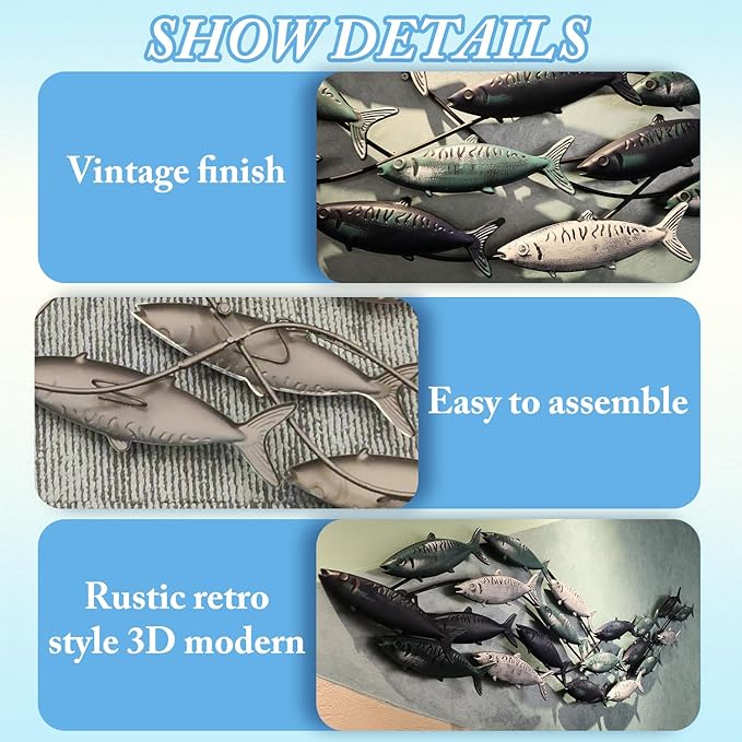 Metal Fish Wall Art - Large School of Fish Wall Decor for Living Room & Bedroom - Coastal Nautical Ocean Wall Sculpture (59" x 16")