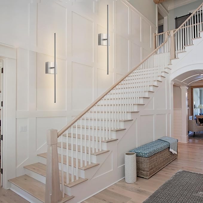 Battery Operated Wall Sconces with Remote Control, Dimmable Wall Sconces Set of Two, 350°Rotate, 3000K LED Nickel Wireless Wall Light for Living Room, Hallway, Bedroom, 24.4 Inch (2 Pack)