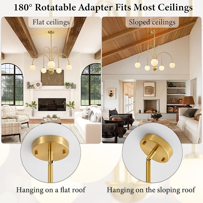 Mid Century Modern Sputnik Chandelier: 6-Light Globe Gold Chandeliers for Living Room - 40" White Glass Ball Dining Room Light Fixture - Large Pendant Lights for Kitchen High Ceiling Foyer Entryway