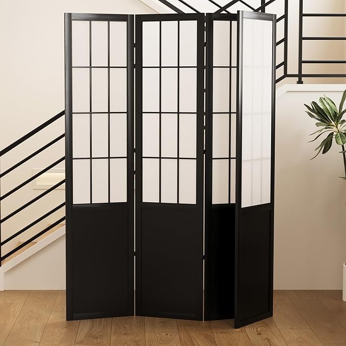 5.6FT Room Divider and Folding Portable Partition Screen, Chinese Japanese Shoji Style for Room Separation - 4 Panel (Black)