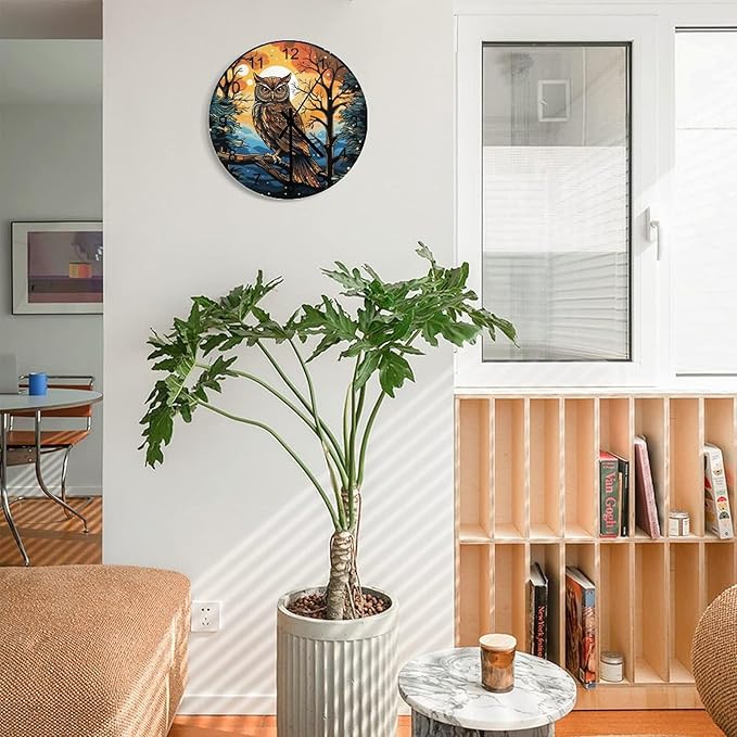 Moon Owl Round Wall Clock, Watercolor Cartoon Scene Bird Animal Black and White Art Print Children's Living Room Bedroom Kitchen Wooden Silent Wall Clock 12x12INCH