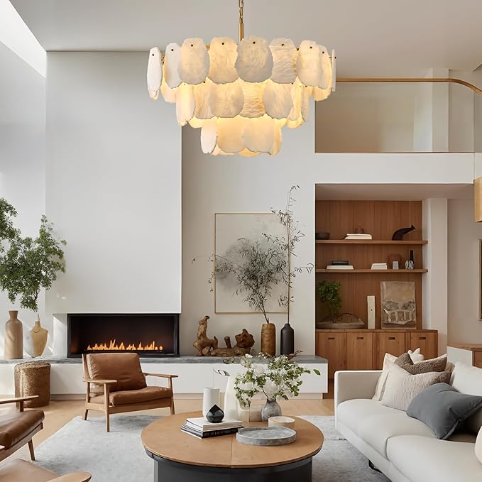 Alabaster Chandelier, D32in Modern Marble Dining Room Chandeliers, 3-Tiers Natural Brass Round Chandelier Over Table for Living Room, Dining Room, Bedroom, Bathroom, Foye, Entryway, Kitchen