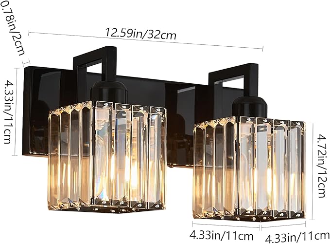 Modern Bathroom Vanity Light 2-Lights Plating Black Vanity Light Crystal Wall Light Bathroom Light Fixtures