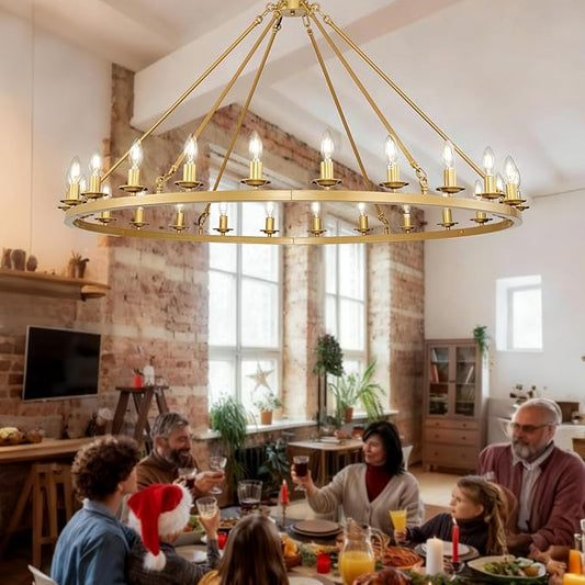 53in Gold Wagon Wheel Chandelier, 24-Light Brass Modern Rustic Large Farmhouse Chandelier Adjustable Height Light for High Ceiling Living Room, Entryways, Foyer, Dining Room