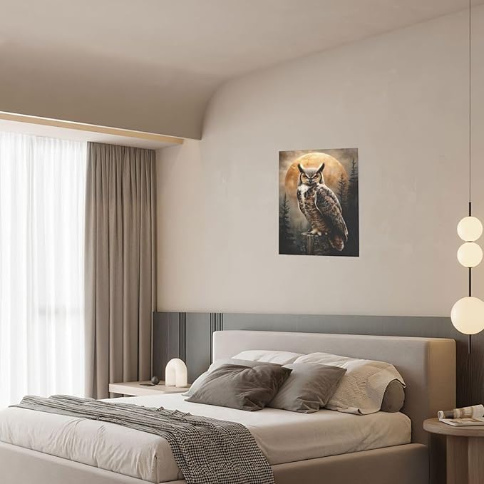 Cabin Owl Wall Art Moon and Forest Canvas Wall Decor Rustic Animal Pictures Paintings Prints Mystical Wildlife Artwork Framed Decorations For Bathroom Bedroom Living Room Office Gifts 12" x 16"