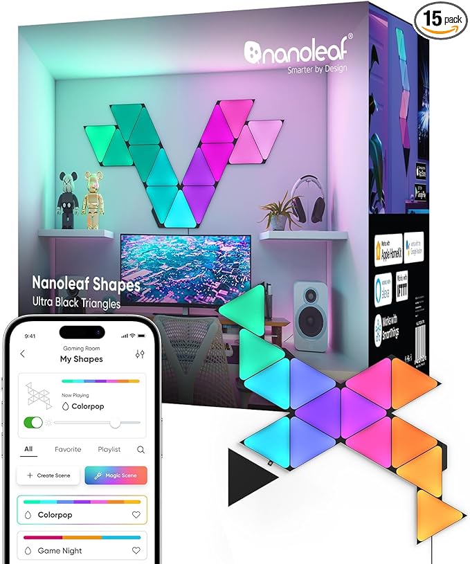 Nanoleaf Shapes WiFi and Thread Smart RGBW 16M+ Color LED Dimmable Gaming and Home Decor Wall Lights Smarter Kit