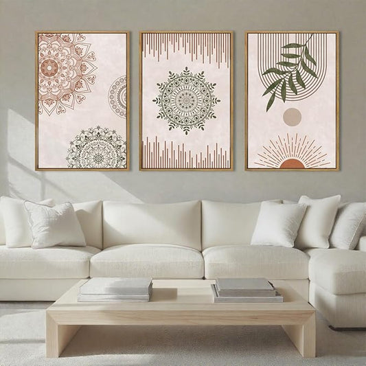 Anyzal Boho Wall Art Framed Large Abstract Geometric Line Paintings Mid-century Modern Plant Wall Decor for Bedroom Living Room Office 16x24 Inches 3 Piece