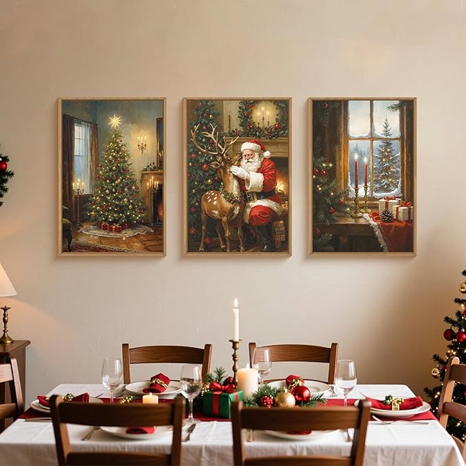 Ausril Vintage Christmas Wall Art Set of 3, Santa Reindeer Snowy Painting, Lit Tree Candle Window Artwork for Living Room, Bedroom, Fireplace, Xmas Gifts for Home Decoration 24×36 inch