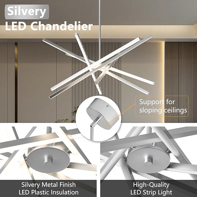 Modern Chandelier Light Fixtures - LED 6-Lights Silver Dining Room Linear Chandeliers Sputnik Pendant Lights Fixture Over Table 3000K 4500K 6000K Dimmable for Living Room Kitchen Island