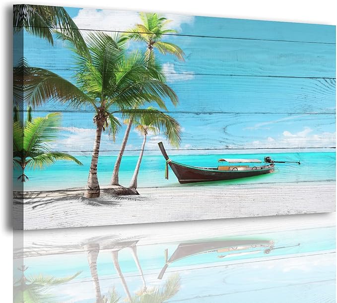 Beach Picture Canvas Prints Coconut Tree Ocean Wall Art Home Decor Natural Seascape Paintings for Living Room Bathroom Bedroom Office Kitchen Decorations Wooden Framed Landscape Artwork 28x57 inchs