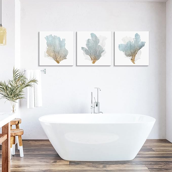 JAPO ART Delicate Coral by PI Creative Art Modern Ocean Marine Animal Wall Pictures Vintage Giclee Print on Canvas Stretched for Living Room Bedroom 12 x 12 inch x 3 pcs