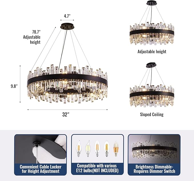 Modern Crystal Chandelier for Dining Room,16-Light Black Round Chandelier, 31.5-inch K9 Crystal Raindrop Ceiling Light, Luxury Flush Mount Light Fixture for Kitchen Living Room