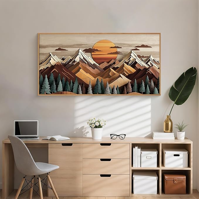 KAIRNE Mountain Framed Canvas Wall Art Set, Mountain Themed Wall Decor, Wooden Pine Tree Scene Wall Painting, Vintage Forest Landscape Art Prints for Living Room, Bedroom, Office 20"x40"