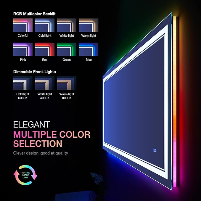 48x32 inch LED Lighted Bathroom Mirror,RGB Color Changing LED Mirror for Bathroom,Dimmable Anti-Fog Backlit Vanity Mirror (RGB Multicolor Backlit + Adjustable Front-Lighted)