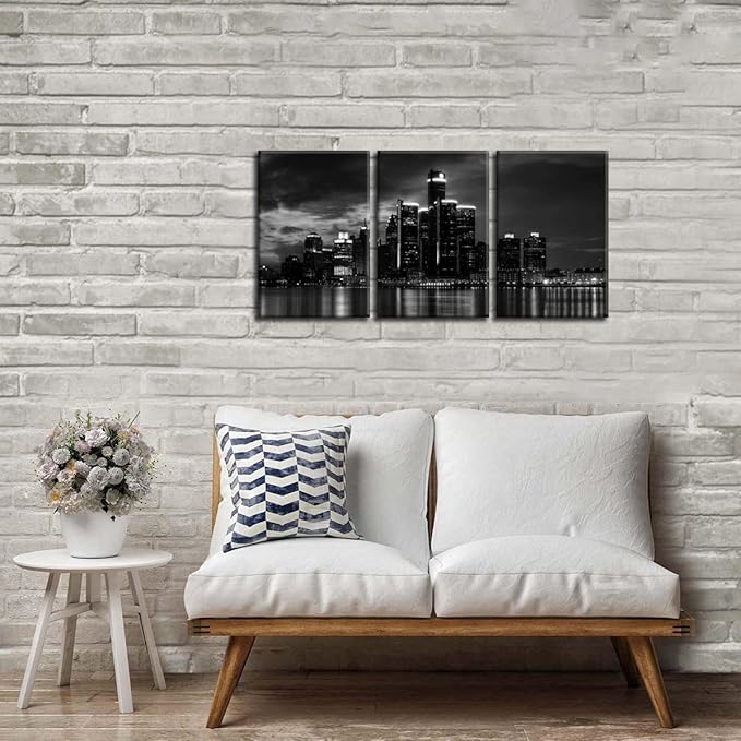NAN Wind 3 Pcs Wall Art Beautiful Detroit Skyline Black & White Canvas Art Paintings For Room Decor Cityscape Skyscrapers Night Scene Picture Prints On Canvas For Home Decor Modern Giclee Framed