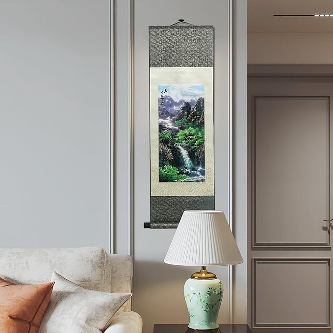 AtfArt Asian Wall Decor - Beautiful Silk Scroll Painting of Four Seasons Landscape - Summer, Autumn, Winter-Spring - Oriental Decor - Chinese Art - 36.2 x 12in