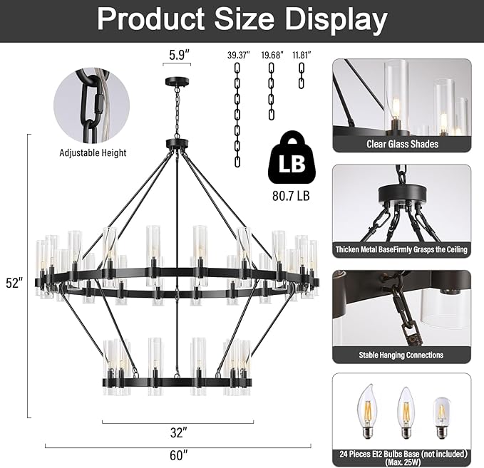 Large Black Chandelier, 30 Light Wagon Wheel Chandelier with Glass Shade,60 Inch Round Industrial High Ceilings Pendant Lighting Fixture for Dining Living Room, Kitchen Island, Foyer