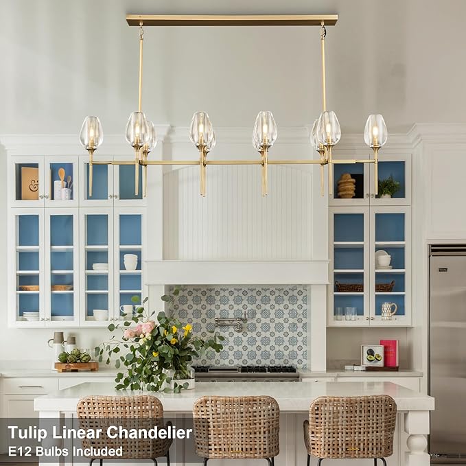 Modern Crystal Chandelier 10 Lights Brass, 65in Gold Rectangle Tulip K9 Crystal Chandeliers, Large Chandelier Ceiling Light for Dining Living Room Bedroom Entryway, E12 Bulbs Included