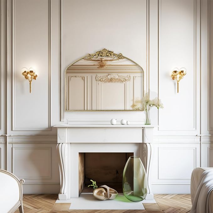 AIXI HOME Vintage Gold Arched Mirror 40"X31", Antique Baroque Mantel Wall Mirror with Ornate Metal Frame for Entryway/Fireplace/Living Room/Hallway/Bathroom/Bedroom