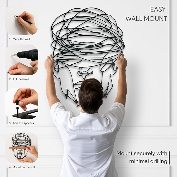 Overthinking Man Metal Wall Decor, Abstract Geometric Face Sculpture, Modern Line Art for Living Room, Office, Bedroom, and Contemporary Home Decor , Unique, Thought-Provoking Artwork for Minimalist Interiors (18 x 14 inches)