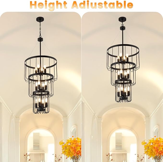 Black Chandelier, 12-Light Farmhouse Chandelier for Entryway, Industrial Foyer Lighting Fixtures, Large Chandeliers for High Ceilings, Modern Hanging Pendant Lights for Staircase, Entryway