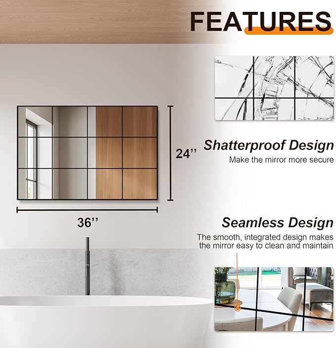 Delma Wall Mirror, 36"X24" Window Pane for Living Room Decor, Decorative Wall Art, Large Wall for Bedroom, Hallway, Living Room