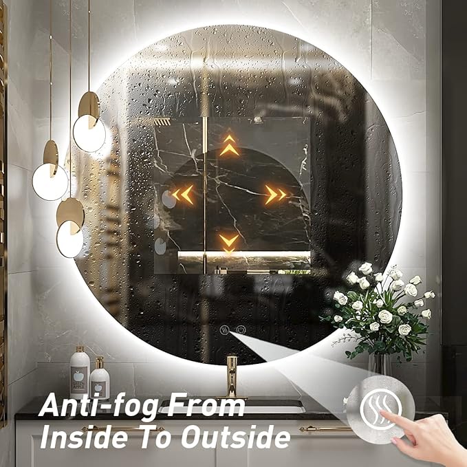 28 Inch Round LED Bathroom Mirror - 6000K Daylight Backlit, Anti-Fog & Dimmable, Frameless Waterproof Mirror with Touch Control, CRI90+, IP54 for Vanity & Makeup