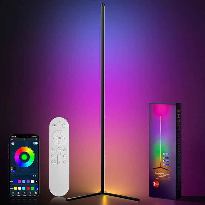 LED RGB Corner Floor Lamp, 159cm RGB-IC Smart Led Light Bar for Living Room, 16 Million Colors, Music Sync and Dimmer Corner Lighting