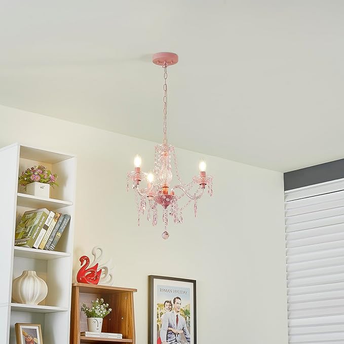 Luvkczc Crystal Chandelier, 3-Light Modern K9 Acrylic Crystal Chandelier for Dining Room, Pendant Ceiling Lighting Fixture for Bedroom, Living Room, Dining Room, Entryway Pink