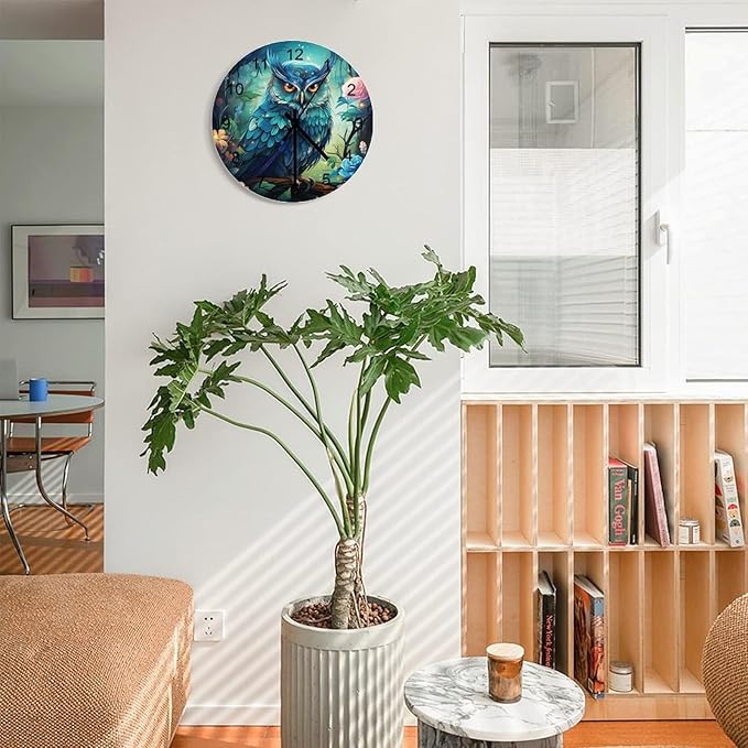 Blue Owl Watercolor Cartoon Round Wall Clock, Forest Flower Butterfly Background Handsome Owl Bird Theme, Wooden Silent Wall Decoration Wall Clock For Boys' And Girls' Bedrooms 12x12INCH