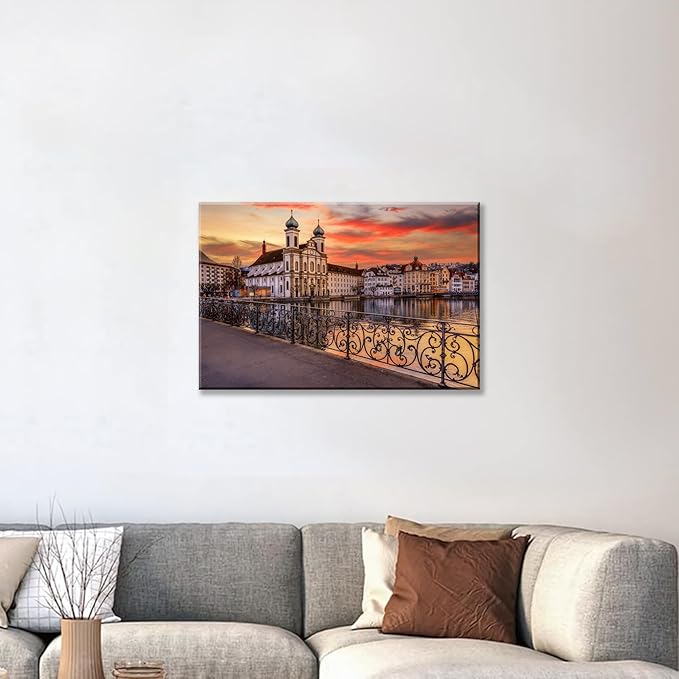 Mordern 1Pcs European Cityscape Canvas Wall Art Scenic Sunset Over River Cathedral with Domes Ready to Hang Architecture Romantic Travel Destination Decorative Framed Artwork for Living Rooms Bedrooms