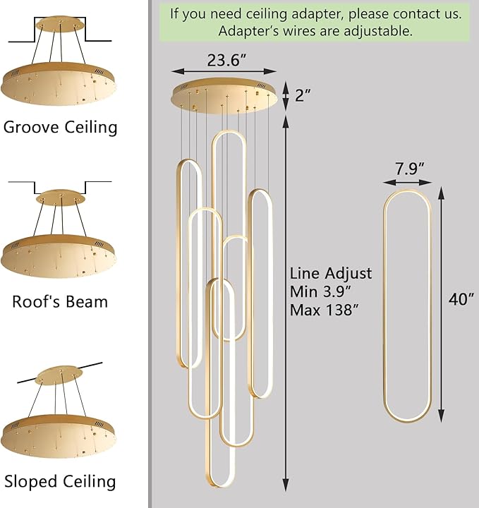 6-Rings Modern Chandelier, LED Gold Large Contemporary Light for Staircase, Dimmable Flush Mount High Ceiling Chandeliers with Remote Control for Villa Foyer