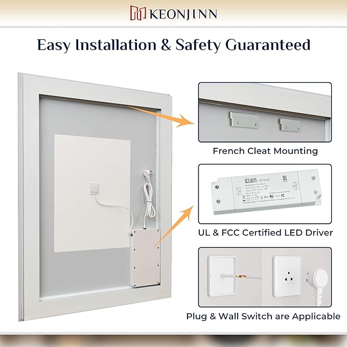 Keonjinn LED Bathroom Mirror 60" x 30" with Frontlit and Backlit, Tempered Glass Stepless 3 Colors Temperature & Dimmable Large Vanity Mirror, UL Listed LED Driver, Double Lights, Anti-Fog Wall Mirror