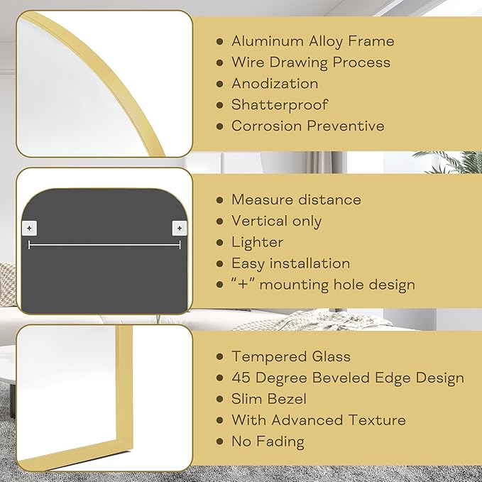 Modern Large Wall Mirror, Modern Mantel Minimalist Home Decor, Brushed Gold Metal Framed Arched Mirror for Living Room, Bedroom, Fireplace, Mantle, Entryway, Bathroom, 36" x 30", Gold