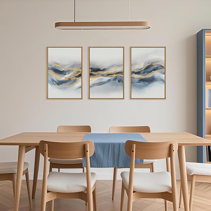 Large Abstract Navy Blue Gold Framed Canvas Wall Art,Watercolor Brush Stroke Wall Decor,Neutral Geometric Wave Artwork,Modern Minimalist Shape Art Print for Living Room,Bedroom,Office-24"x36"x3