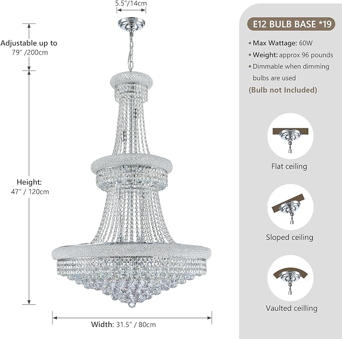 Large Crystal Chandelier Light fixtures - 19-Light High Ceiling Hanging Chandeliers, 3-Layers Luxury Empire Chandeliers for High Ceilings,Entryway,Living Room,Staircase, Foyer (D31.5)