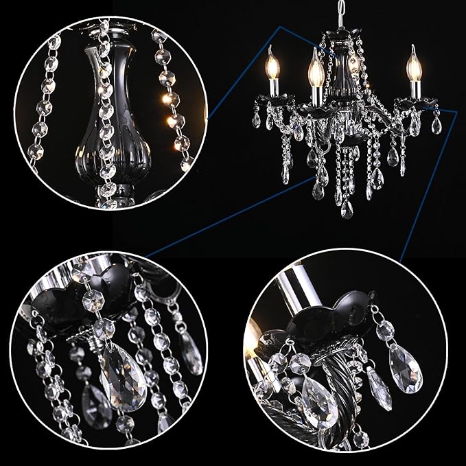MALOSA Small Black Crystal Chandeliers,4 Lights Mini Black Glass Chandelier for Living Room,Bedroom,Dining Room,Kitchen Island.