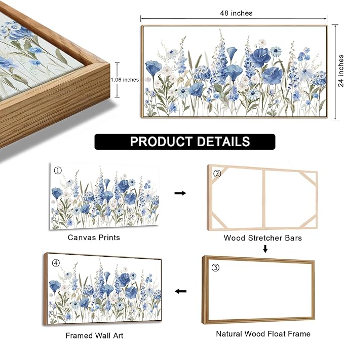 arteWOODS Elegant Flowers Framed Wall Art - Blue White Botanical Pictures for Wall Decor Floral Blossom Canvas Painting Print Artwork for Living Room Bedroom Home Office Wall Decoration 24" x 48"