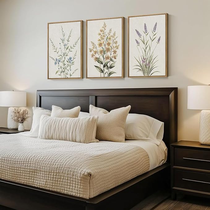 Anyzal Extral Large Neutral Floral Wall Art Beige Botanical Wall Decor Wildflower Painting 24x36 Inch Set of 3 for Living Room Bedroom Dining Room