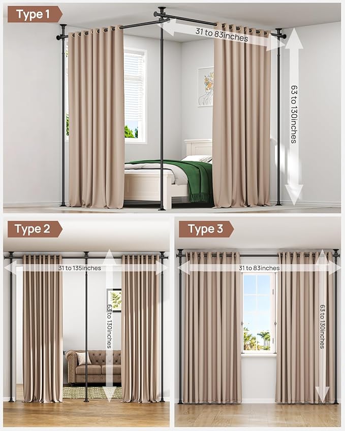ALLZONE Partition Room Divider Curtain Rod, Adjustable Wall Divider for Room Separation, 63 to 130inch(H) & 31 to 135inch(W), No Drill, Three Mounting Options, Ideal for Creating Privacy Space, Black