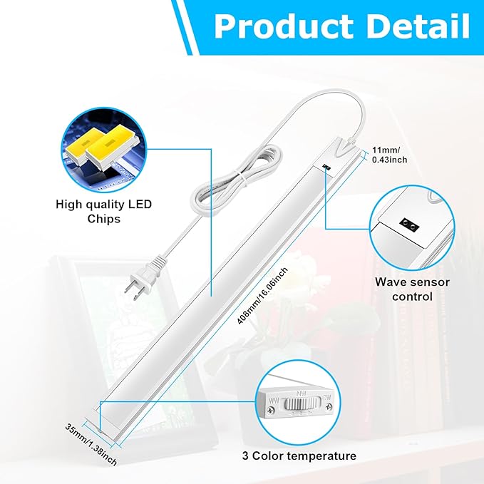 16 Inch Under Cabinet Lights with Hand Wave, Ultra Bright 3000K/4000K/6000K Under Counter Lights, Plug and Play, Dimmable LED Under Cabinet Lighting for Kitchen Cabinet, Cupboard, Closet, Desk(1 Pack)