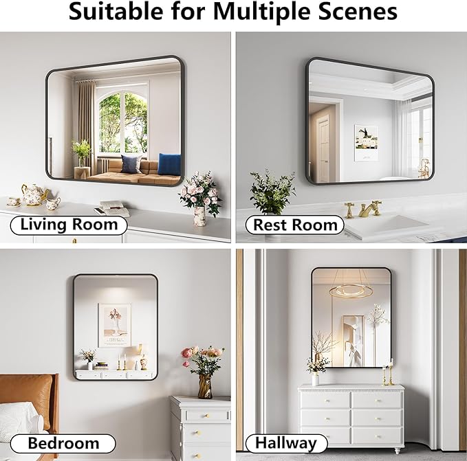 Koonmi Bathroom Mirror, 32X40 Inch Black Metal Framed Mirror for Bathroom, Tempered Glass, Anti-Rust, Rounded Rectangle Mirror for Restroom, Bedroom, Black