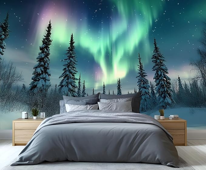 Aurora Borealis Mural Wallpaper, Starry Forest Murals, 3D Forest Landscape Murals Wallpaper for Living Room Bedroom Home Decor Mural - 157.5" W x 110.12" H (Not Peel Stick)