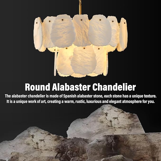 23" Alabaster Round Chandelier, 2-Tiers Natural Brass Alabaster Chandeliers, Luxury Modern White Marble Chandeliers for Living Room, Dining Room, Bedroom, Foyer, Entryway, Bathroom, Kitchen