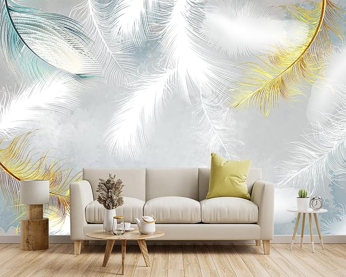 -Gold Modern Feather Fabric Wallpaper Living Room Bedroom Bathroom Large Wall Mural- 137"x96"（ not Peel and Stick）