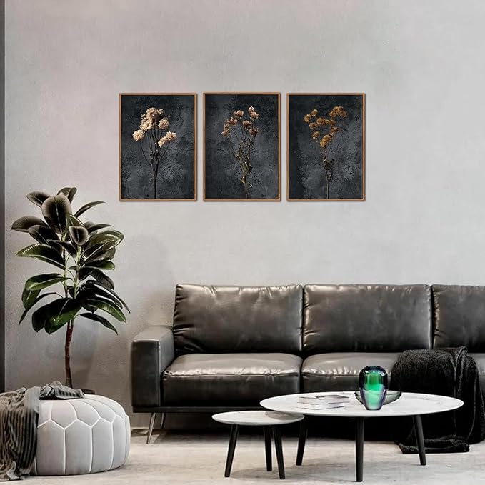 LHIUEM Dark Moody Wildflowers Framed Canvas Wall Art Set of 3(12”X16”) Minimalist Wildflower Wall Decor Vintage Black Flower Botanical Painting Aesthetic Floral Artwork for Living Room Bedroom Office