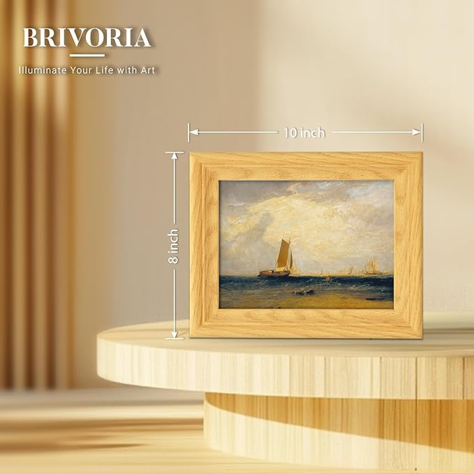 Brivoria Framed Canvas Wall Art Vintage Decor, Romantic Coastal Scene with Sailing Ship Golden Sky Tidal Water and Shore Birds for Bathroom Entryway Bookshelf or Tabletop Display, 8"x10"